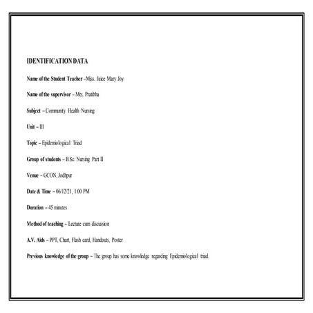 Lesson Plan on Epidemiological triad - Community Health Nursing