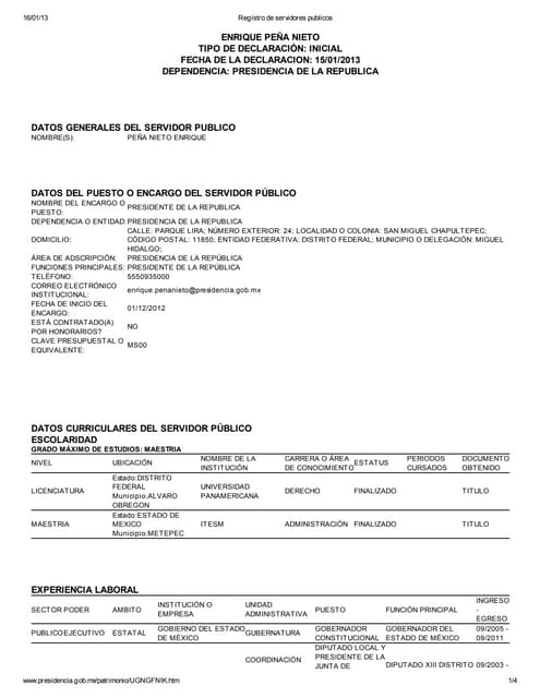 Declaracion patrimonial de Enrique Peña Nieto 2013