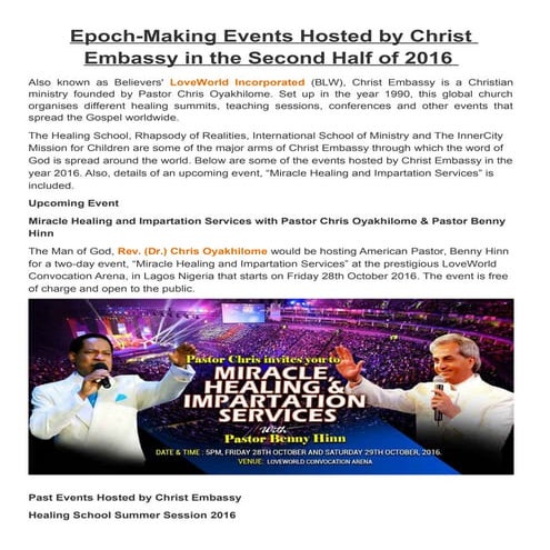Epoch-Making Events Hosted by Christ Embassy in the Second Half of 2016 ...