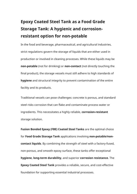 Epoxy Coated Steel Tank as a Food Grade Storage Tank A hygienic and corrosion...
