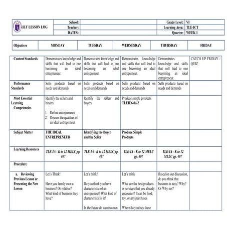 Edukasyong pansarili at tahanan Week one ict daily lesson log