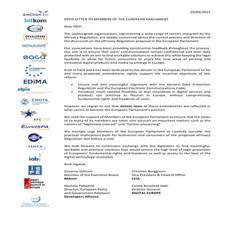 Industry Coalition for Data Protection writes letter to MEPs on ePrivacy