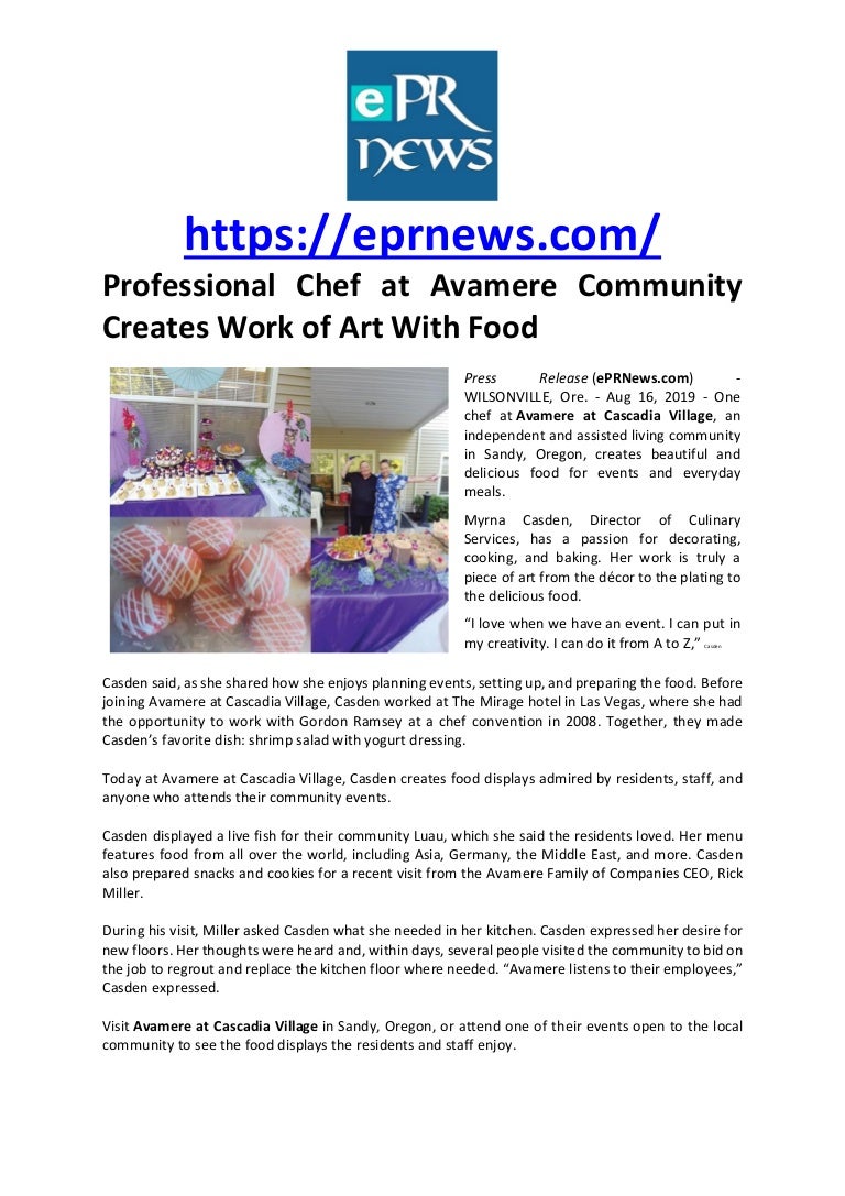 cascadia senior living and development on Professional Chef At Avamere Community Creates Work Of Art With Food