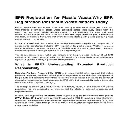 EPR Registration for Plastic Waste: Process, Rules & Compliance | PDF