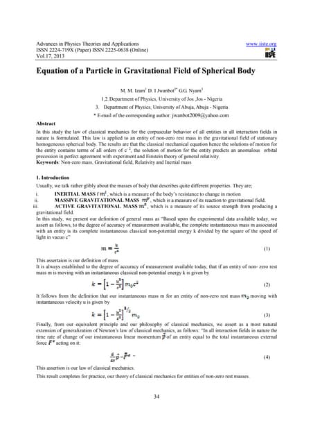 Equation of a particle in gravitational field of spherical body | PDF