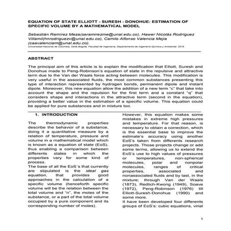 Equation of state elliott suresh-donohue estimation of specific volume by mat...