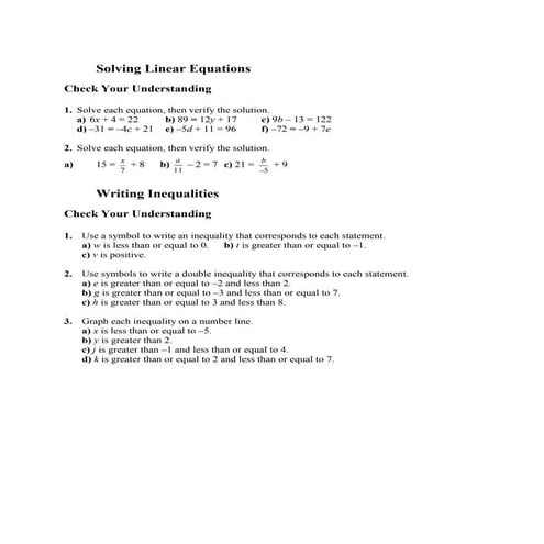 Equations and inequalities w sheet