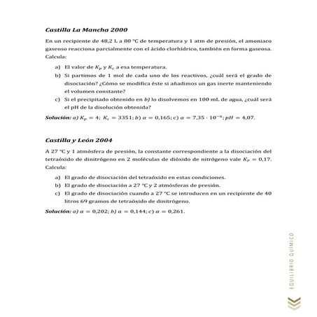 Enunciado de problemas de equilibrio químico