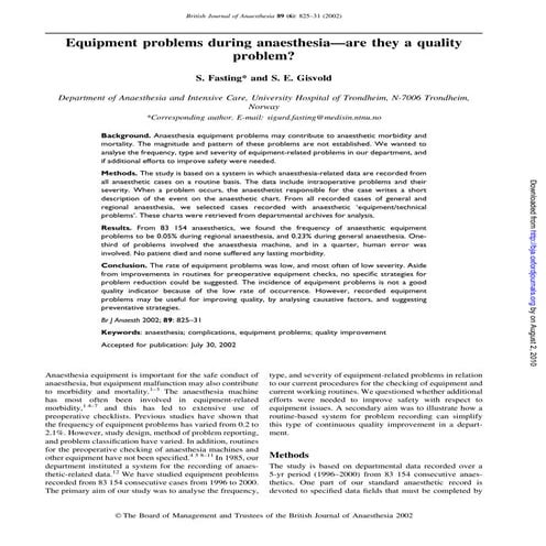 Equipament problems during anaesthesia - Are they a quality problem? | PDF