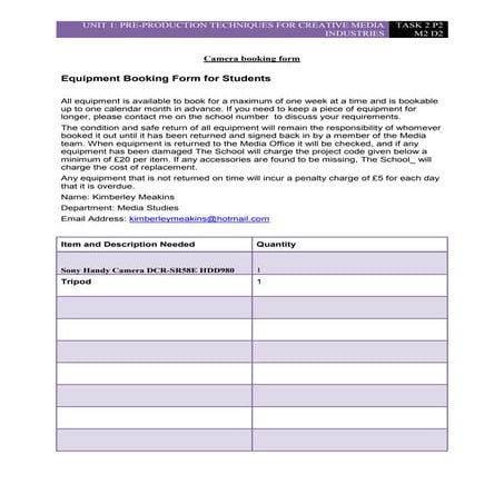Equipment booking form 1