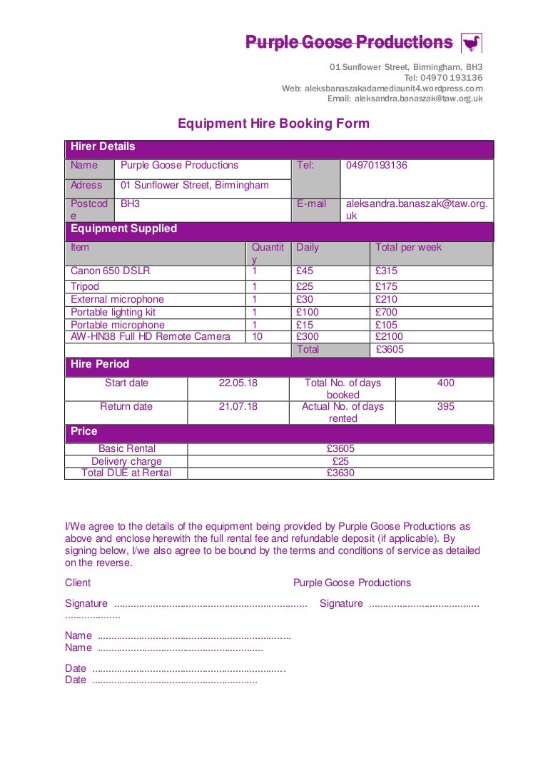 Equipment hire booking form