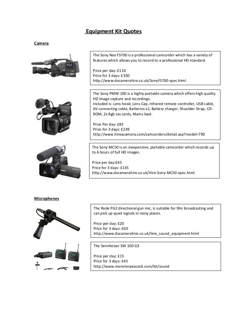 Equipment kit list