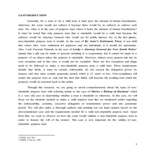 NON-CHARITABLE PURPOSE TRUST AND THE CASE OF MORICE V BISHOP OF DURHAM 