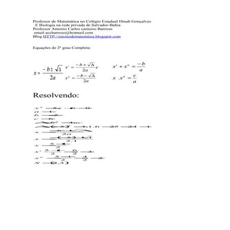 Equção de 2º grau completa  autor professor antonio carneiro