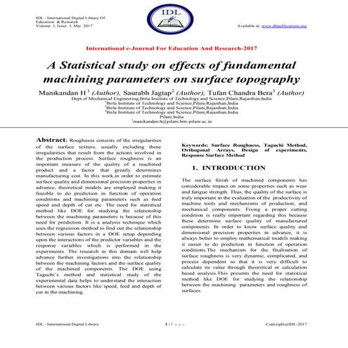 A Statistical study on effects of fundamental machining parameters on surface...