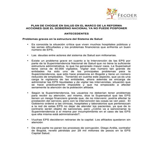 PLAN DE CHOQUE EN SALUD EN EL MARCO DE LA REFORMA ACCIONES QUE EL ...