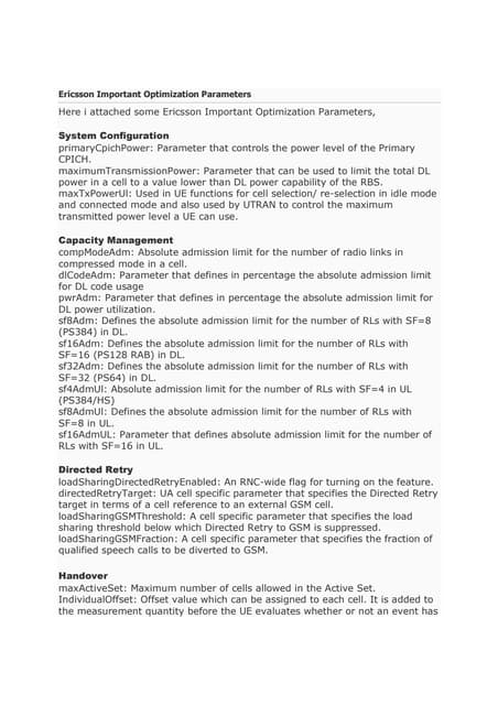 Ericsson important optimization parameters