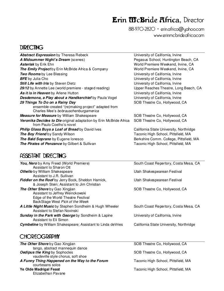 erin mc bride africa theatre resume