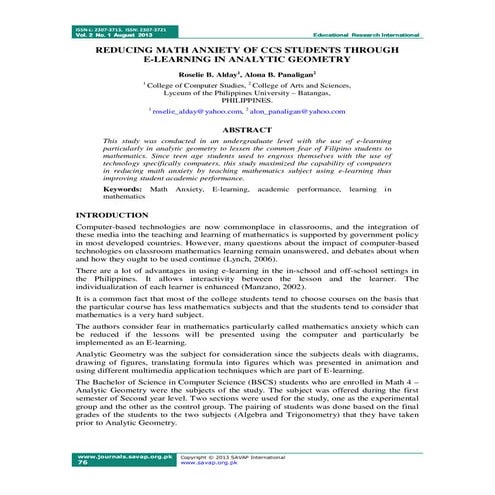 REDUCING MATH ANXIETY OF CCS STUDENTS THROUGH  E-LEARNING IN ANALYTIC GEOMETRY 