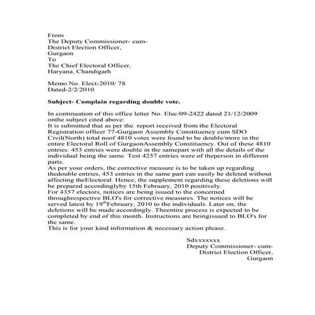 ERO and DEO Gurgaon Voter Registration Correspondence 21 Dec 2009 And 2 ...