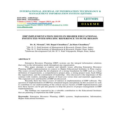 Erp implementation issues in higher educational institutes with specific