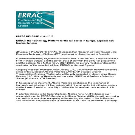 ERRAC, the Technology Platform for the rail sector in Europe, appoints new le...