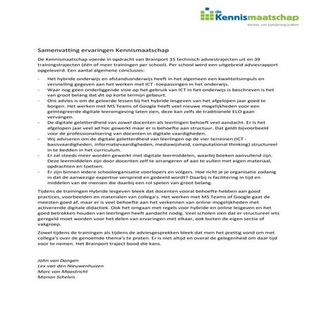 Ervaringen kennismaatschap adviesrapportages hybride lesgeven juni 2021 