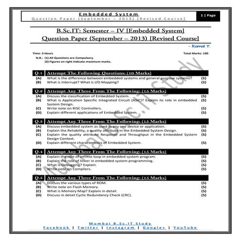 [Question Paper] Embedded System (Revised Course) [September / 2013]