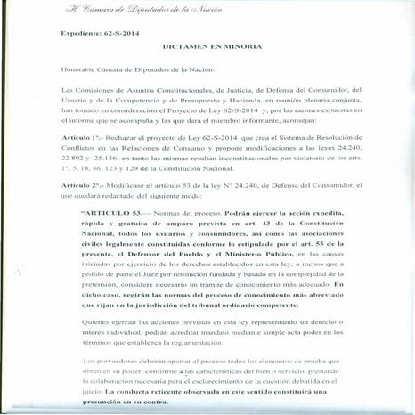 Dictamen con modificaciones al proyecto sobre sistema de reclamos en las Rela...