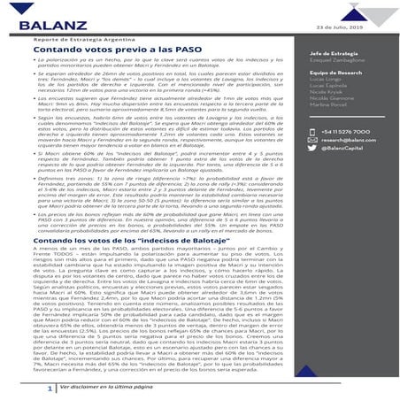 Informe de Balanz previo a las PASO