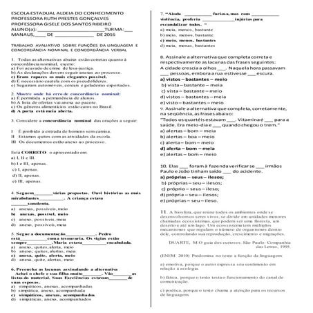 TRABALHO SOBRE CONCORDÂNCIA VERBAL E NOMINAL,FUNÇÕES DA LINGUAGEM
