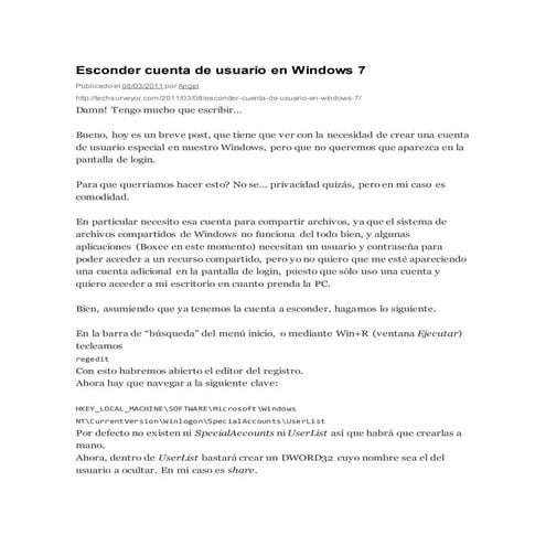 Esconder cuenta de usuario en windows 7