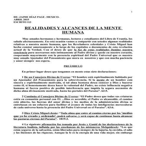 Realidades y alcances de  la mente humana - Escrito 113