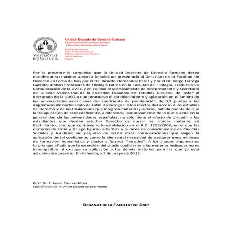 Apoyo del Departamento de Derecho Romano de la UV
