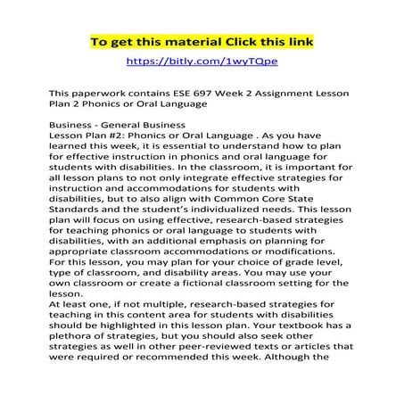 Ese 697 week 2 assignment lesson plan 2 phonics or oral language