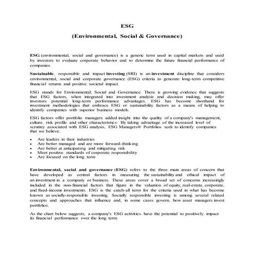 ESG Environmental, Social & Governance