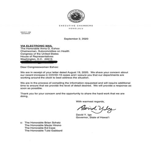 Gov. David Ige response to U.S. Rep. Anna Eshoo