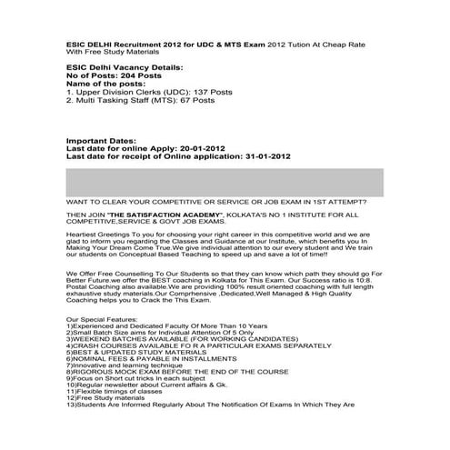 Esic delhi recruitment 2012 for udc & mts exam 2012 tution at cheap rate with...