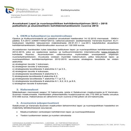 Esittelymuistio kehittämisrahat