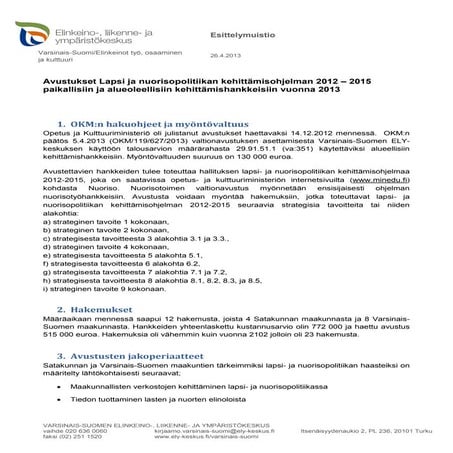 Esittelymuistio kehittämisrahat