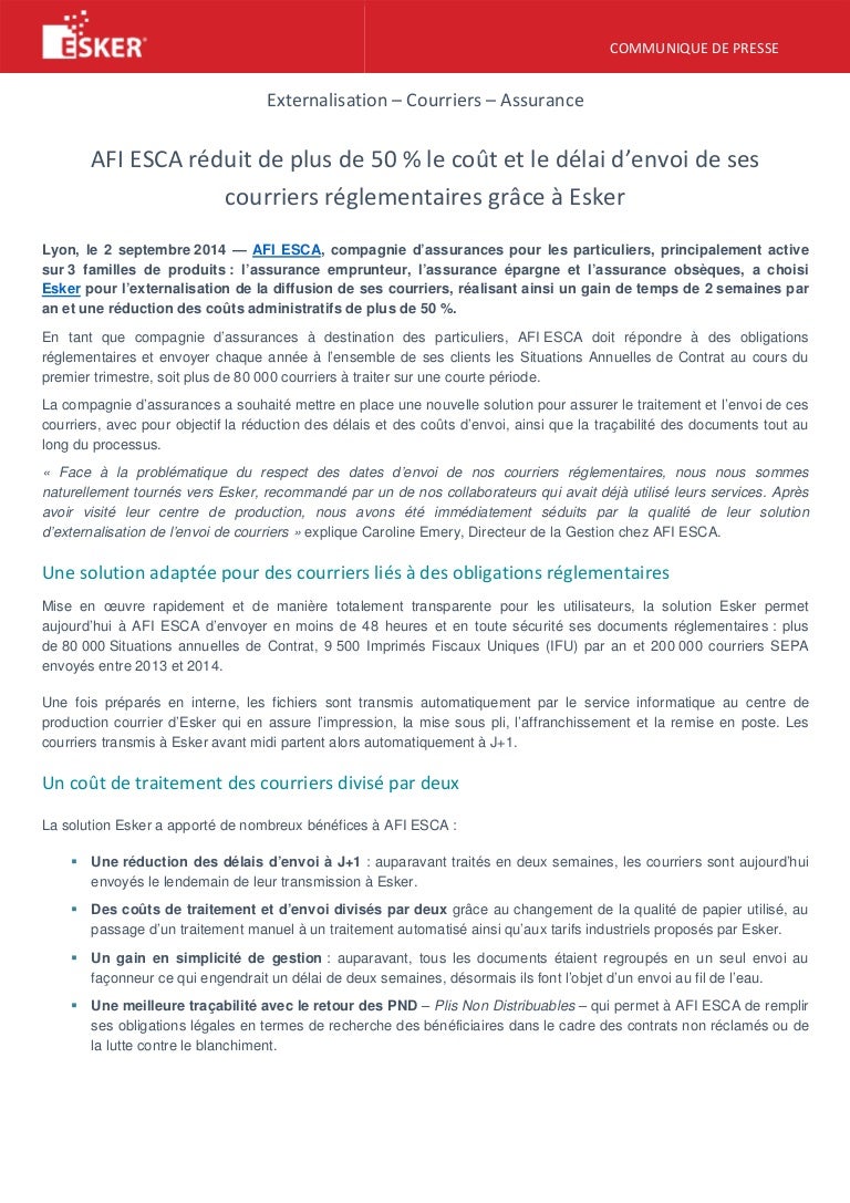 Afi Esca Reduit De Plus De 50 Le Cout Et Le Delai D Envoi De Ses Co