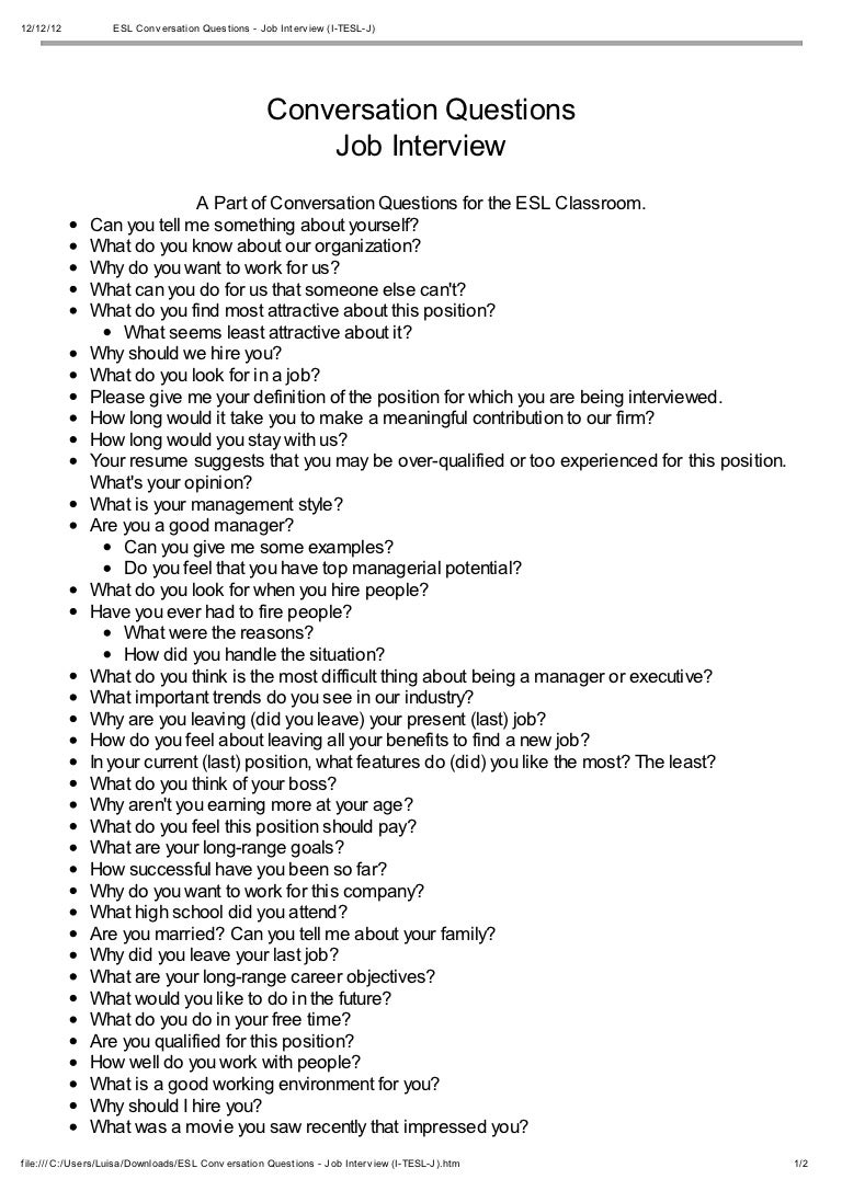 Esl conversation questions job interview (i-tesl-j)