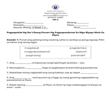 Esp 2 activity sheet q4 w1 | PDF