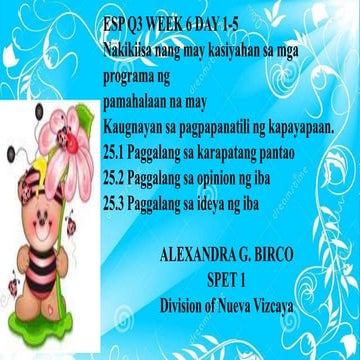 ESP 5 PPT Q3 W6 Day 1-5 - Nakikiisa Sa Mga Programa Ng Pamahalaan Na May Kaugnayan Sa Pagpapanatili Ng Kapayapaan..pptx
