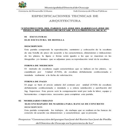 Especificaciones tecnicas de arquitectura del parque san jose