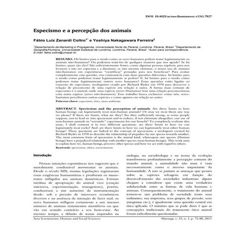 Especismo e a percepção dos animais   coltro