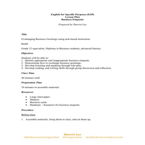 ESP Lesson Plan on Business Etiquette