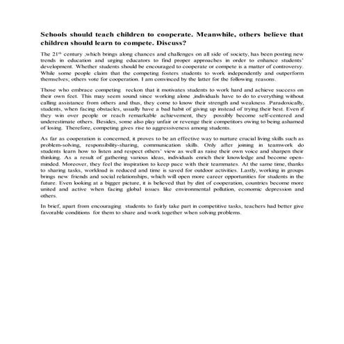 ielts writing task 2 : whether school should teach children to cooperate or c...