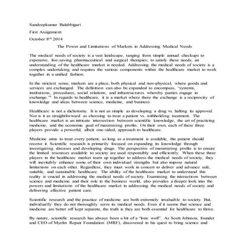 The Power and Limitations of Markets in Addressing Medical Needs