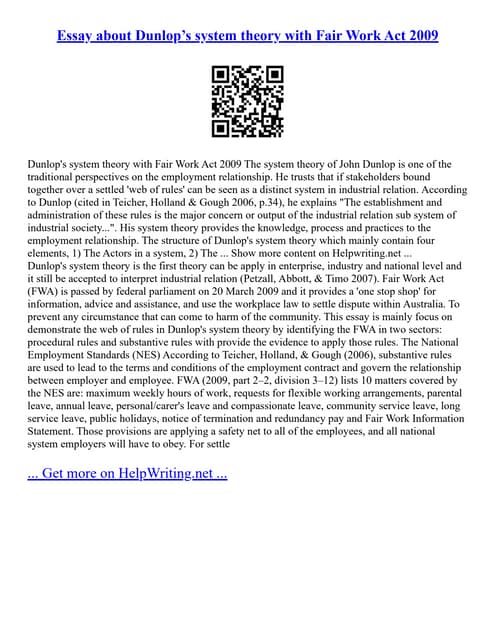 Essay About Dunlop’S System Theory With Fair Work Act 2009